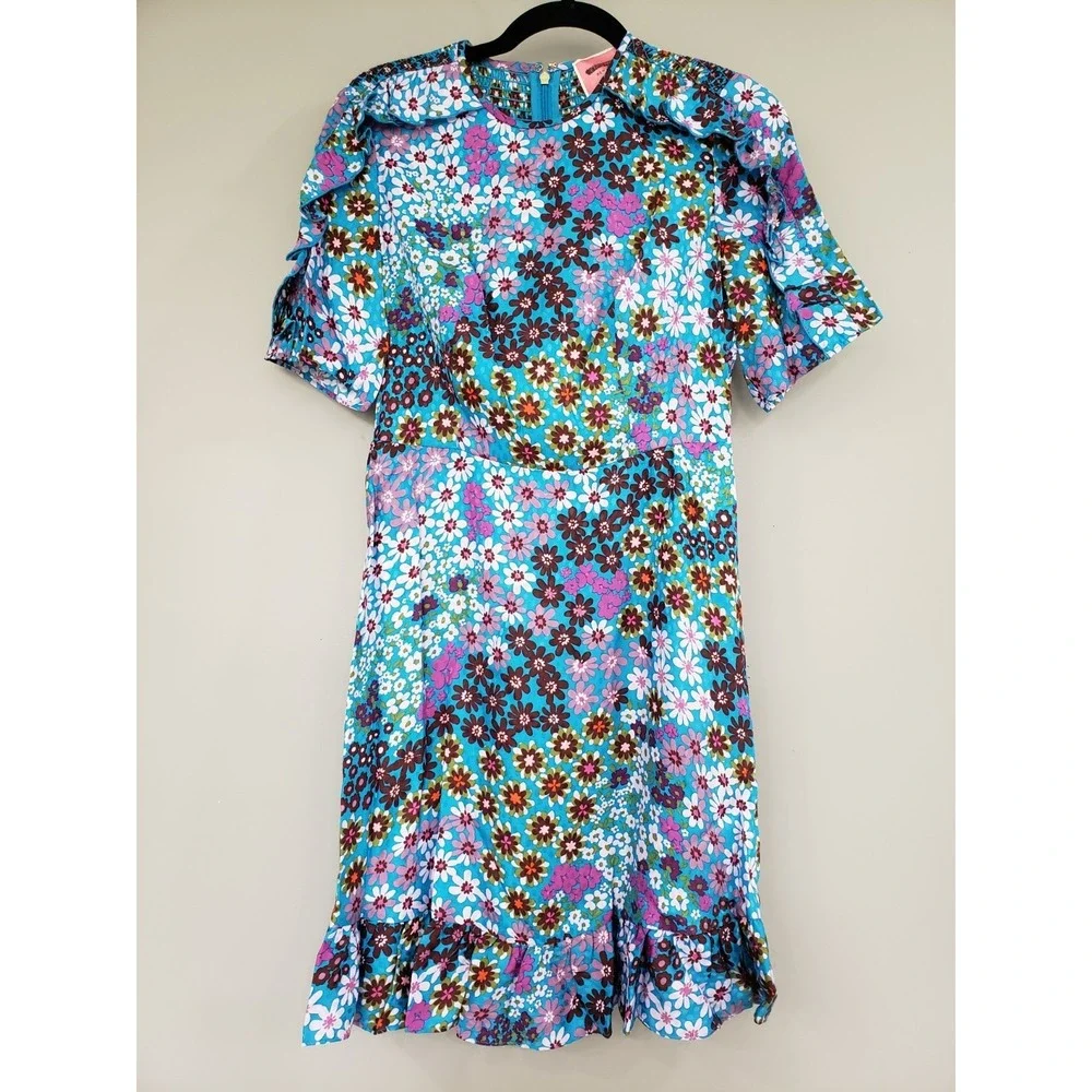 NEVER WORN Kate Spade Pacific Petals Floral Dress SZ 0 Jacquard Silk Blue Ruffle